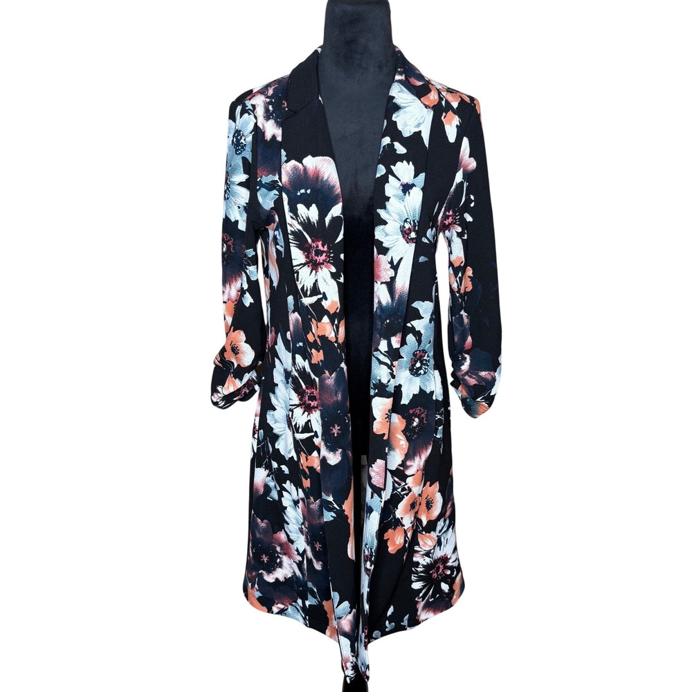 HAVE Women Sz L Duster Floral Open Front Cardigan Ruched 3/4 Sleeve